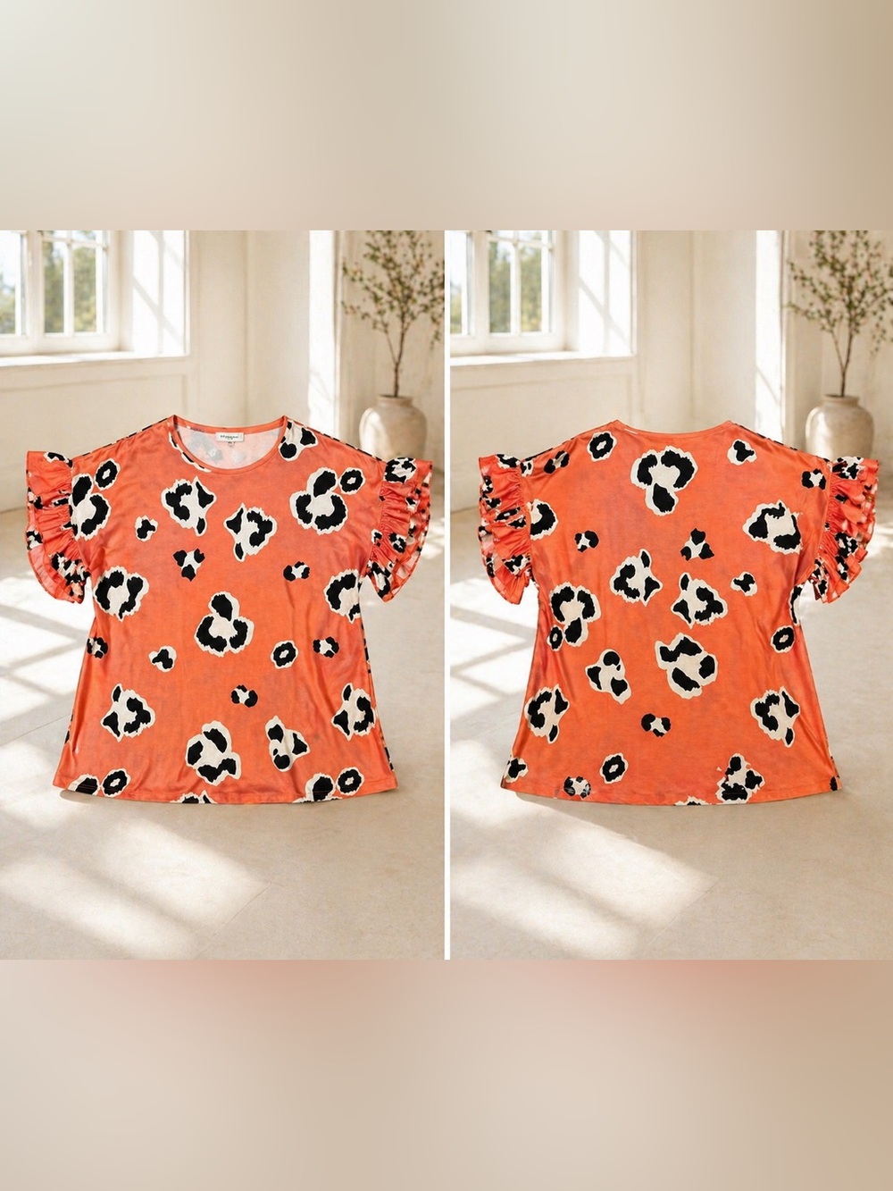 Southern Stitch Women's Coral Leopard-Print Ruffle Sleeve Tee Size XL EUC - Picture 2 of 4